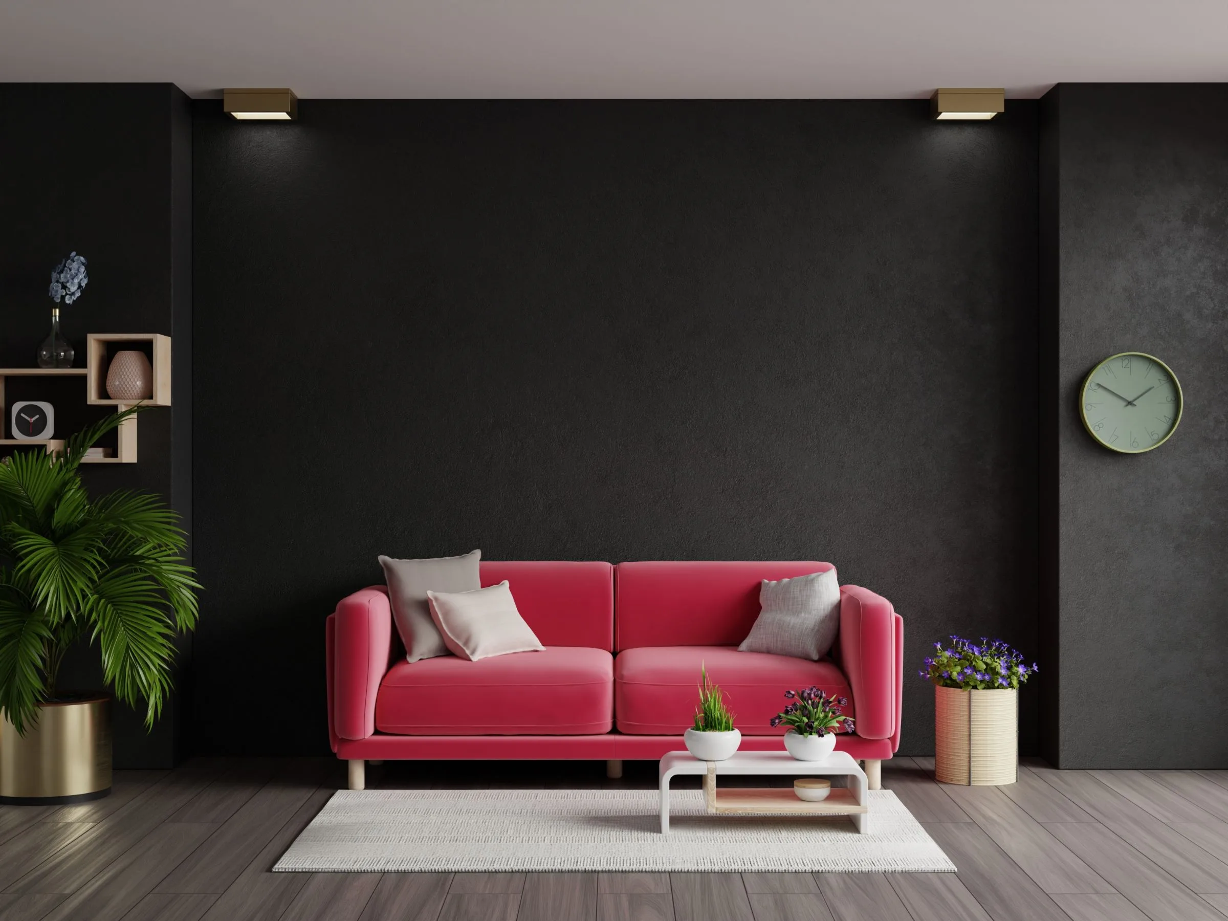 Wohnzimmer mit rotem Samtsofa vor dunkler Wand